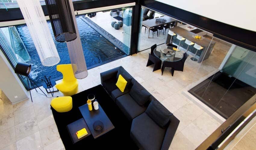 contemporary living room overhead view
