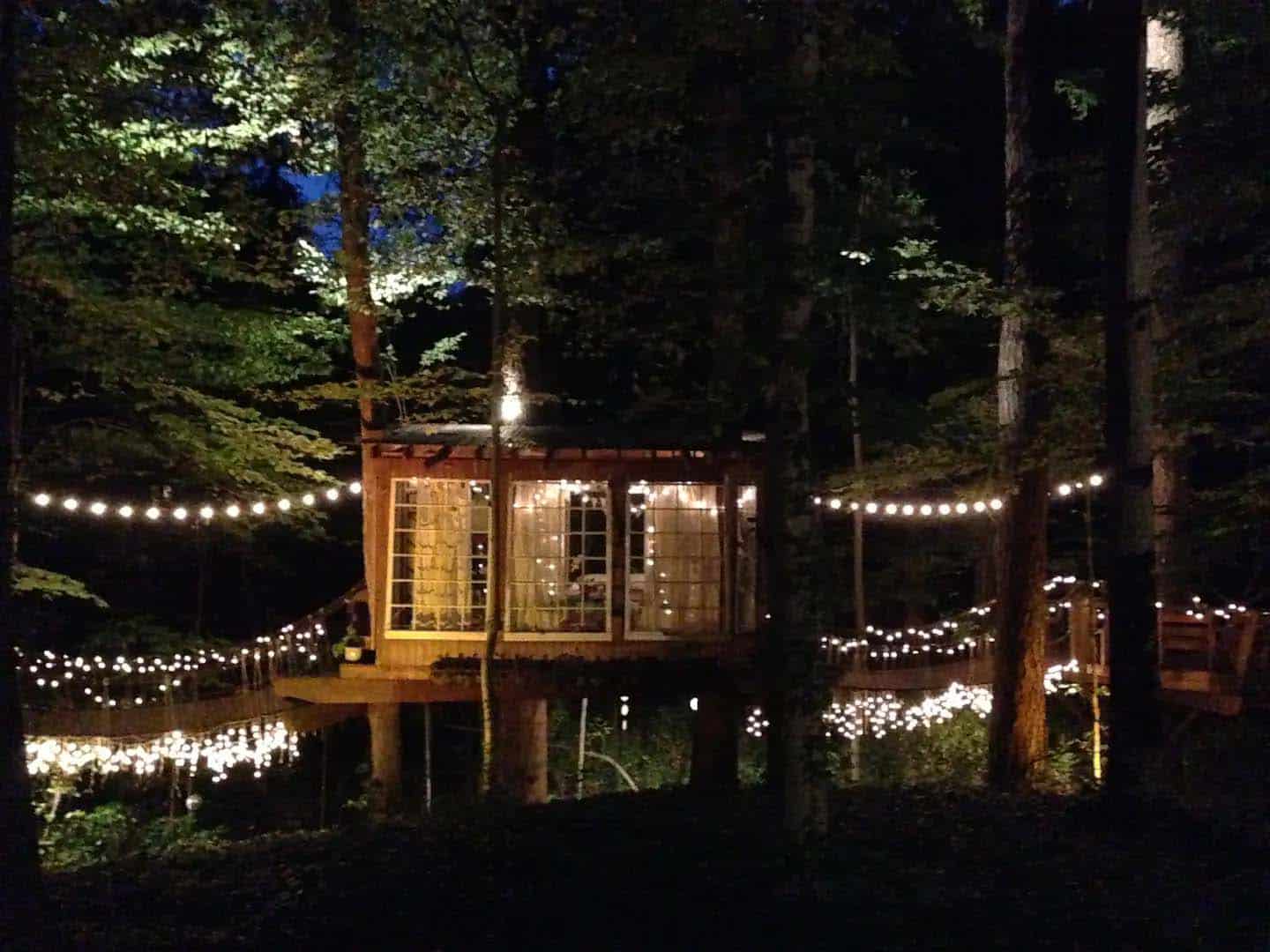 treehouse exterior in the forest at night