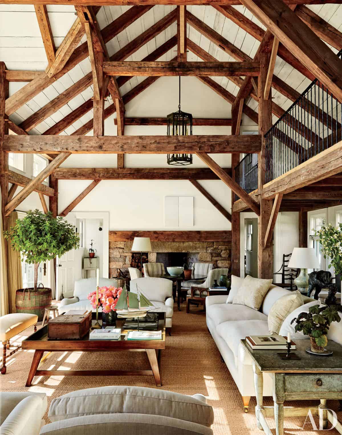 living-room-with-exposed-ceiling-trusses