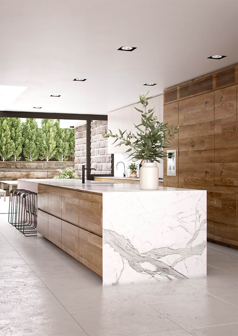 kitchen-with-white-marble-waterfall-island