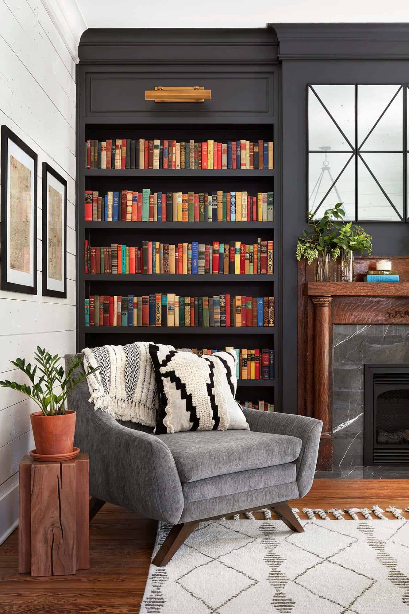 Cozy Fireplace Reading Nooks, Bookcases Next To Stone Fireplace
