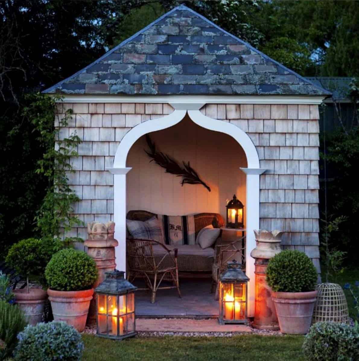 Magnificent architecture in this she shed backyard garden getaway with cedar shake shingles. Come explore She Shed Chic, Potting Shed & Backyard Inspiration.