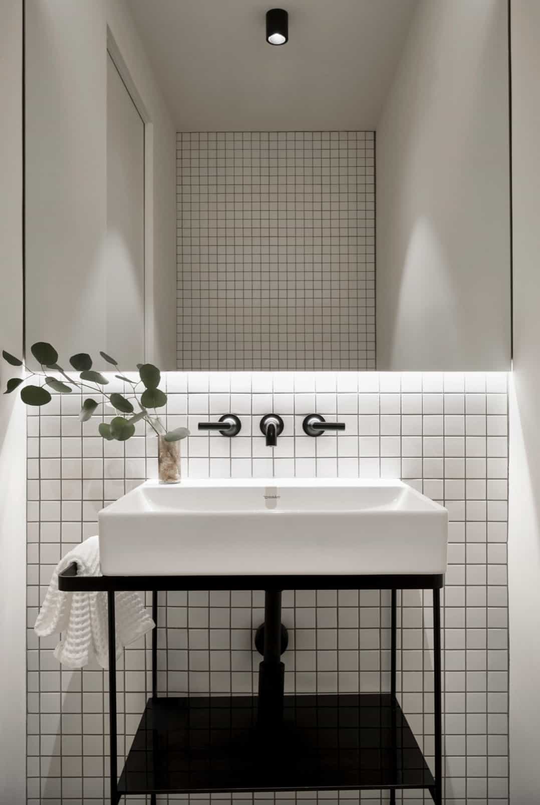 contemporary-powder-room-with-white-wall-tile