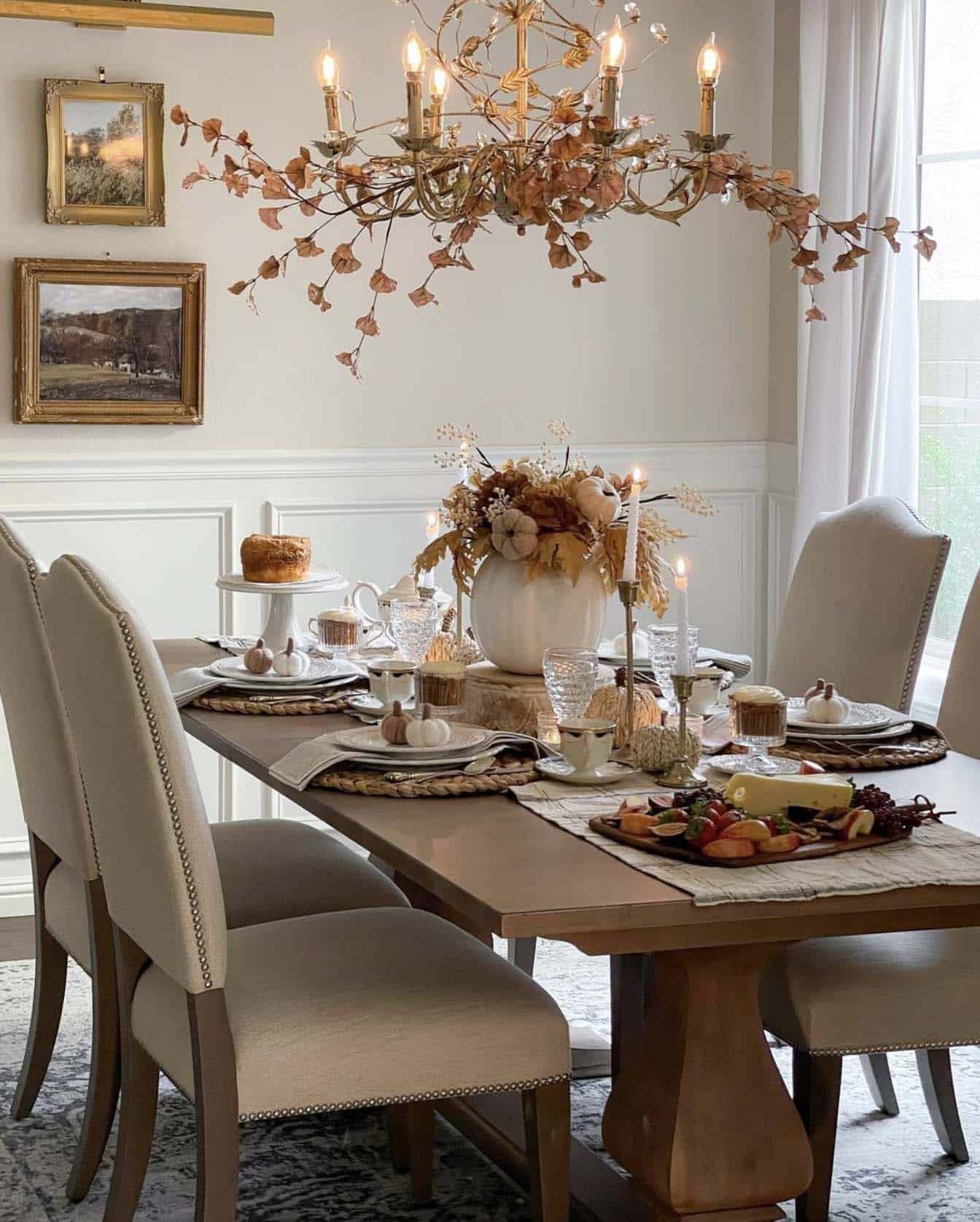 dining table decorated with a muted fall palette