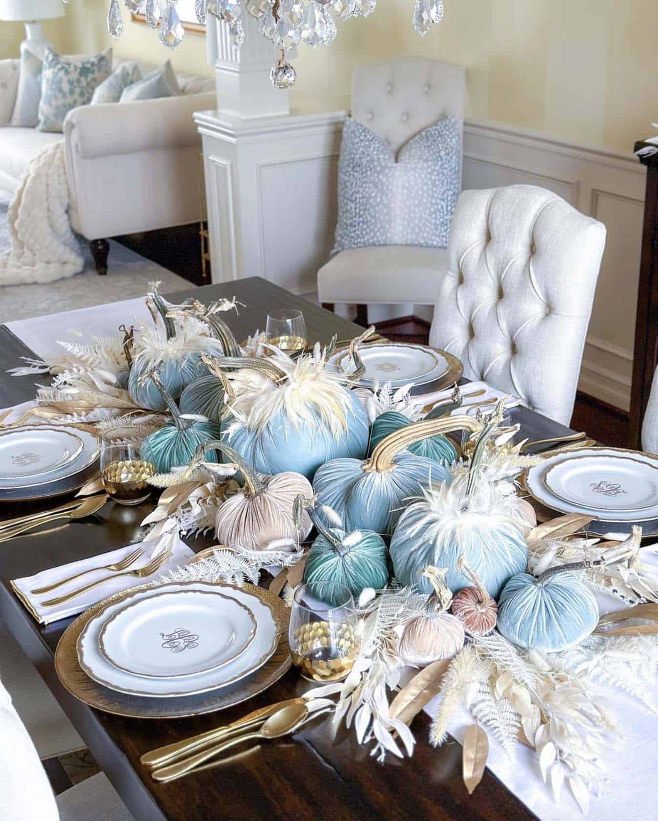dining table decorated with a blue and white color palette