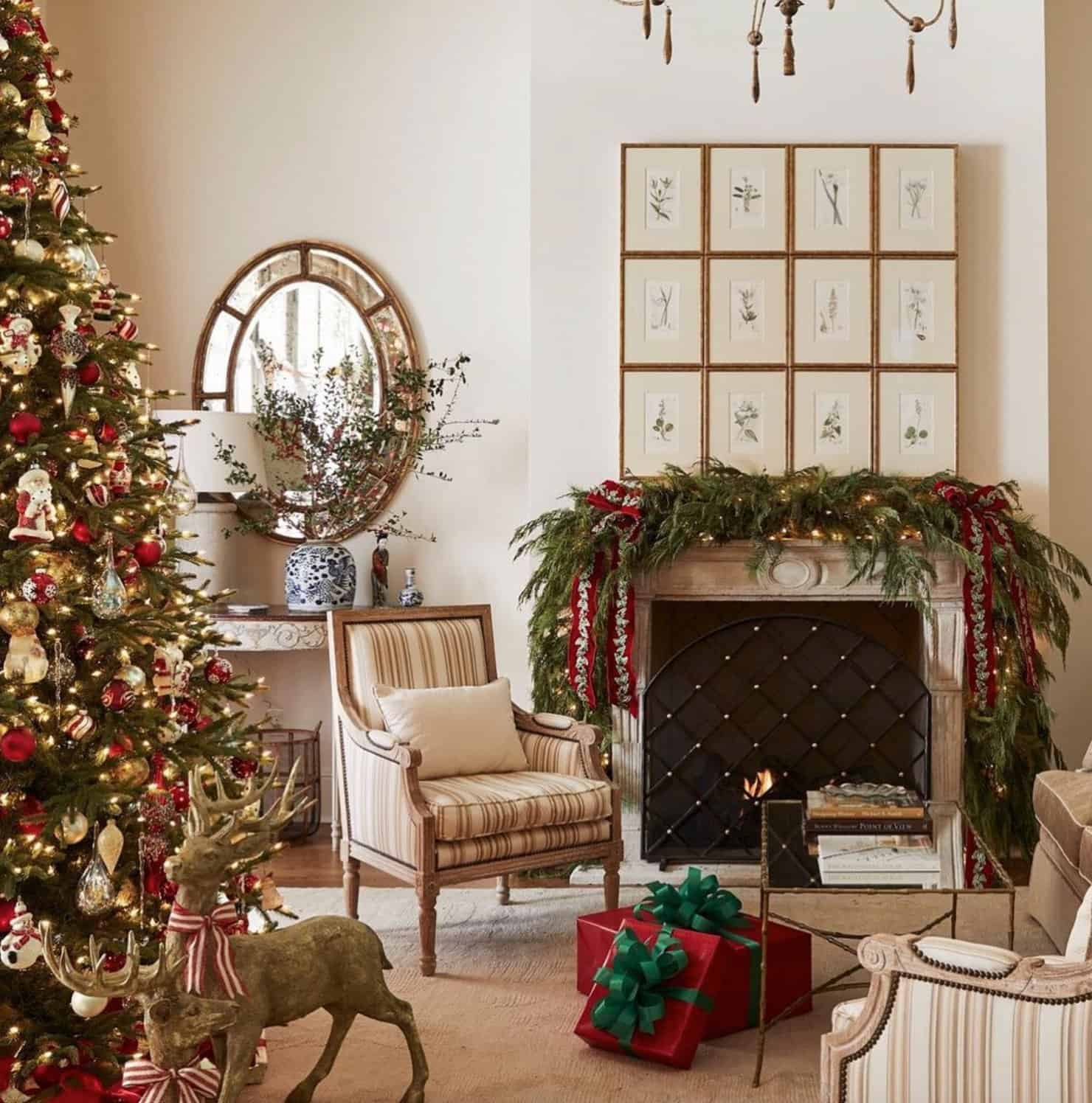 classic-living-room-decorated-for-christmas-with- winter-greens-and-cheery-ribbons