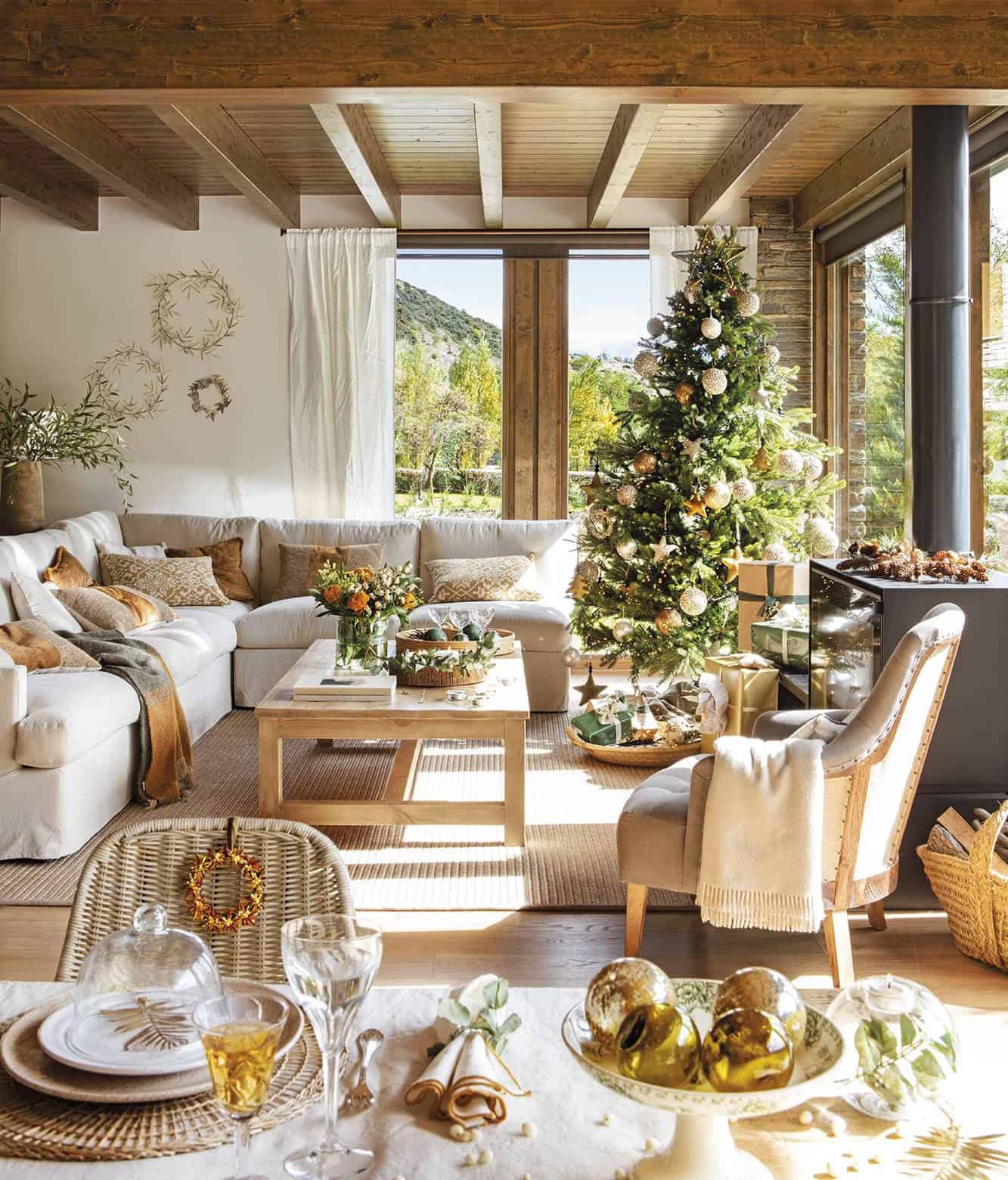 A beautiful rustic cabin celebrates Christmas in the Pyrenees Mountains