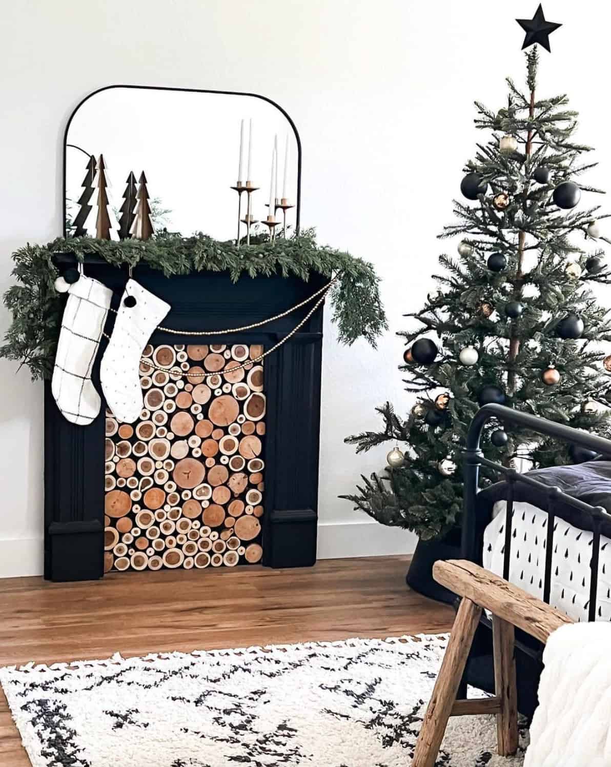 christmas-decorated-bedroom-with-a-tree-and-faux-fireplace-with-garland