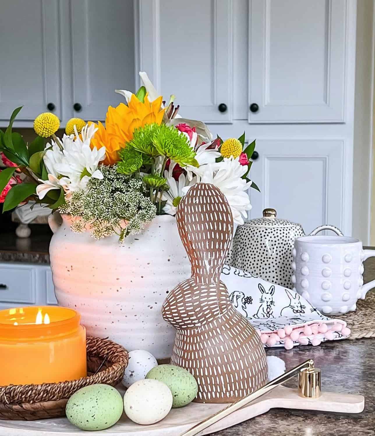 spring-decorated-kitchen-island-with-an-easter-bunny