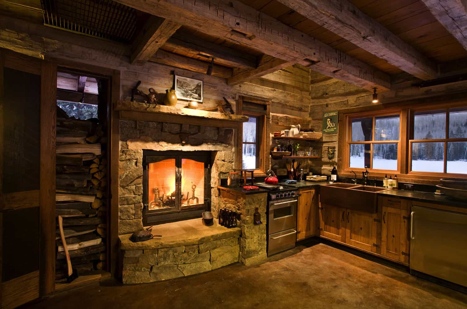 rustic-cabin-kitchen-with-a-fireplace