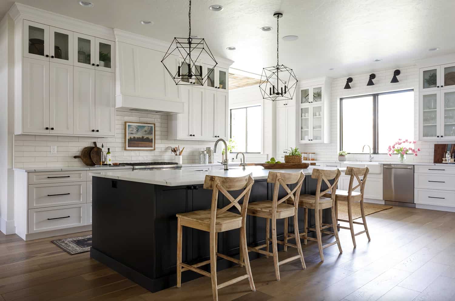 farmhouse-kitchen-with-a-black-painted-island
