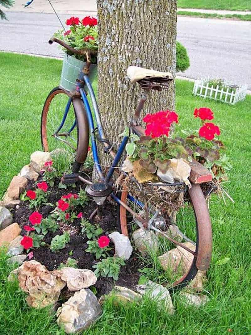 garden-edging-around-a-tree-with-an-old-bike
