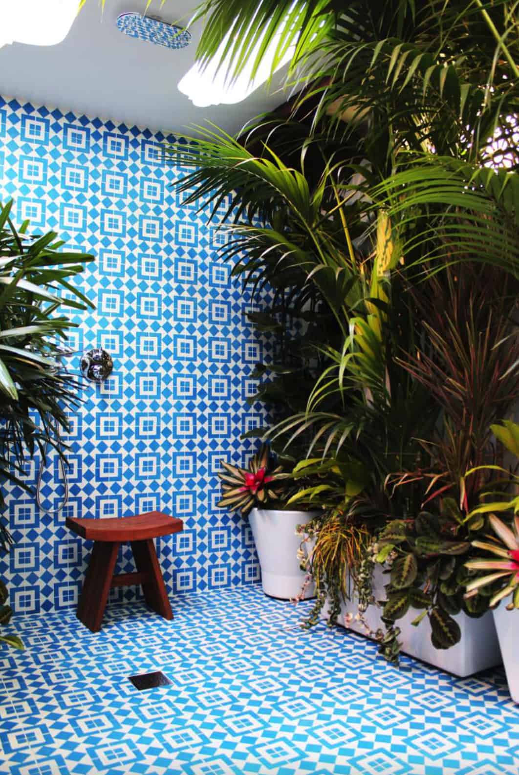 shower-with-blue-and-white-tile-skylights-and-tropical-plants