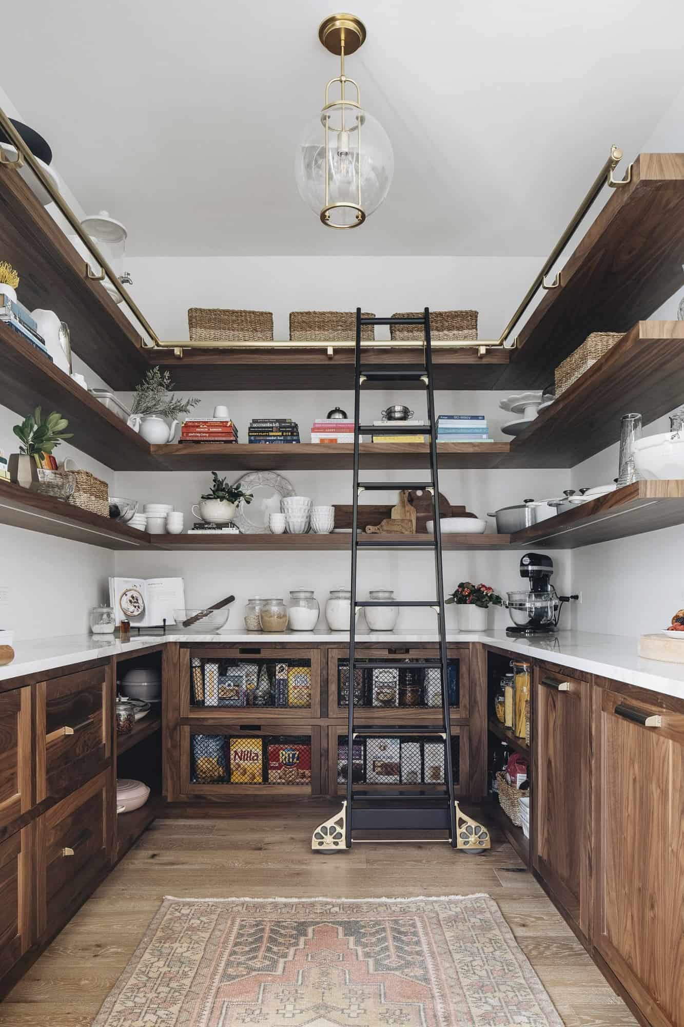 transitional-style-kitchen-pantry-with-a-library-ladder