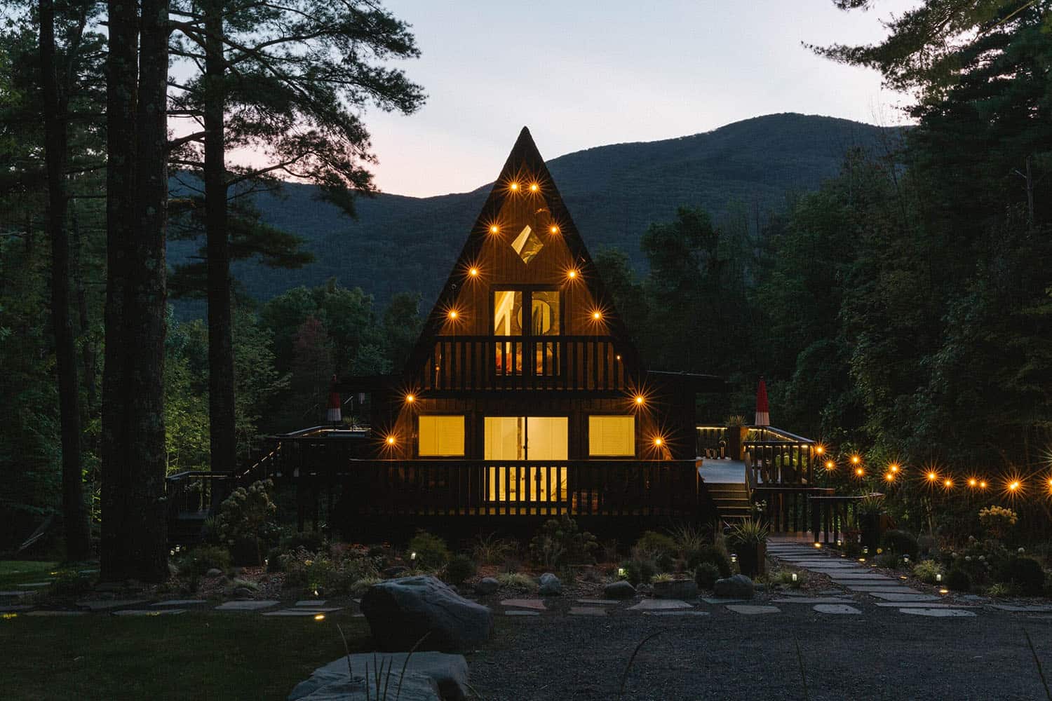 a-frame-cabin-exterior-at-night