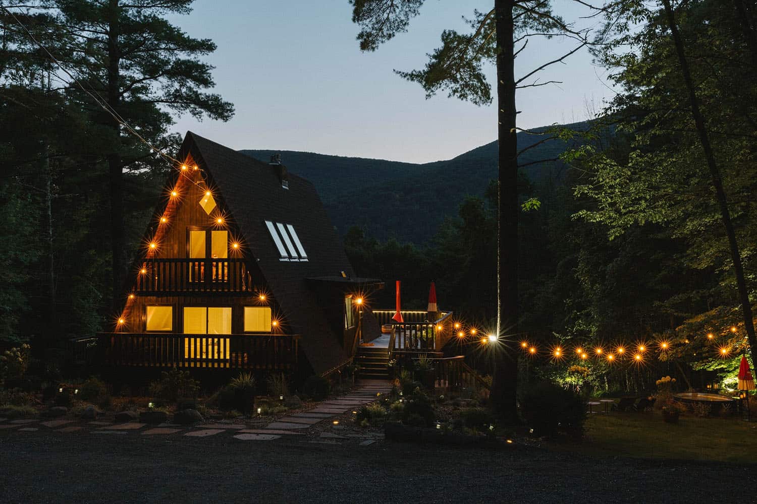 a-frame-cabin-exterior-at-night