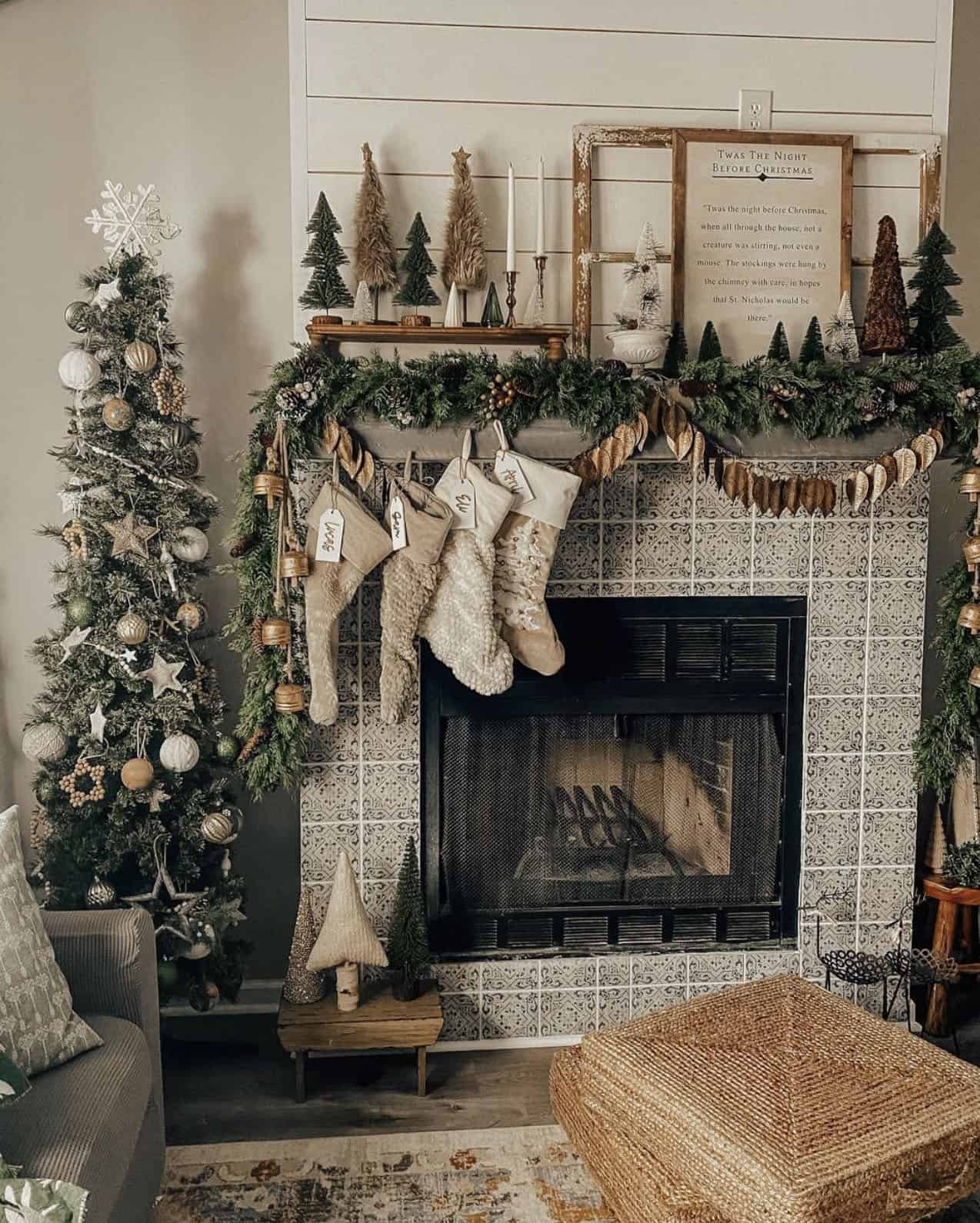 living-room-fireplace-christmas-decorated-mantel-with-a-cozy-rustic-vibe