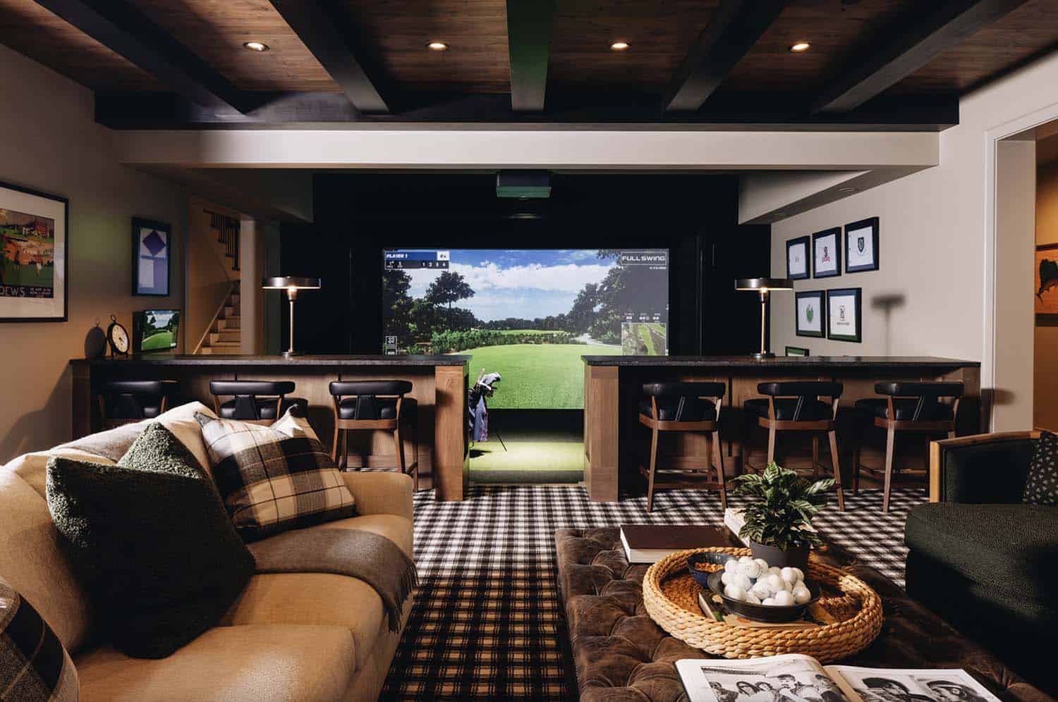transitional-style-basement-with-a-golf-simulator