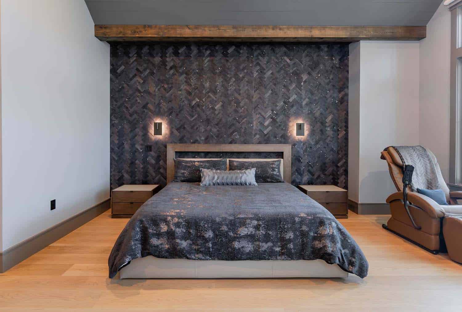 craftsman-style-bedroom-with-wallpaper-accent-wall