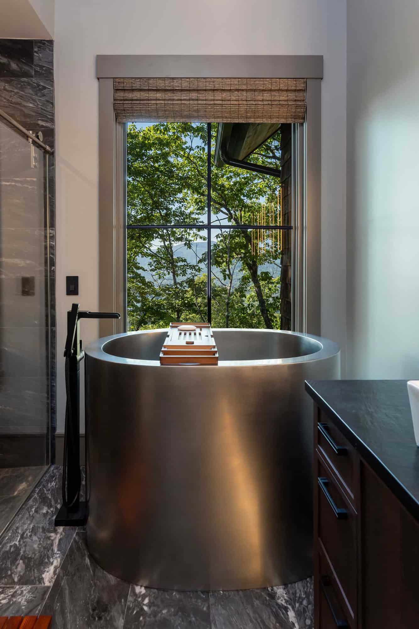 craftsman-style-bathroom-with-a-stainless-steel-japanese-soaking-tub
