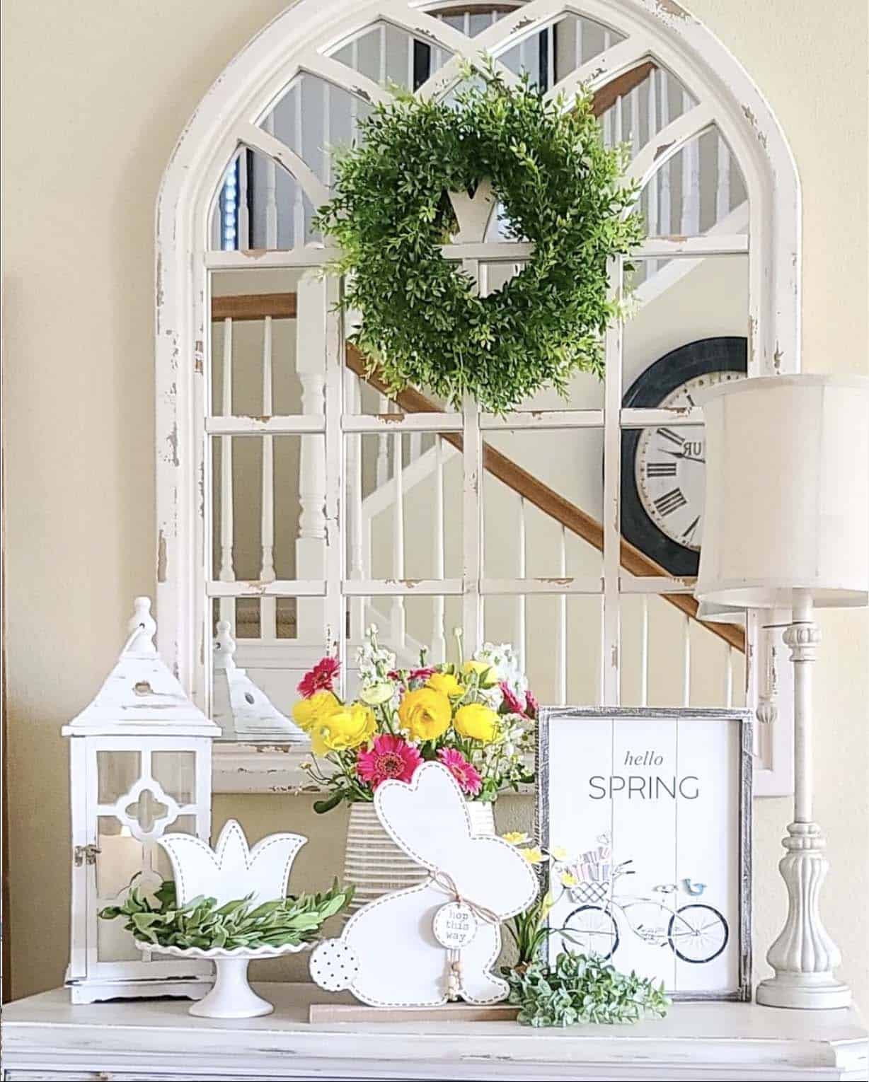 spring-console-table-decor-with-an-easter-bunny