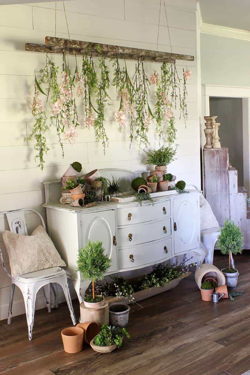 spring-console-table-with-a-diy-ladder-and-faux-flowers