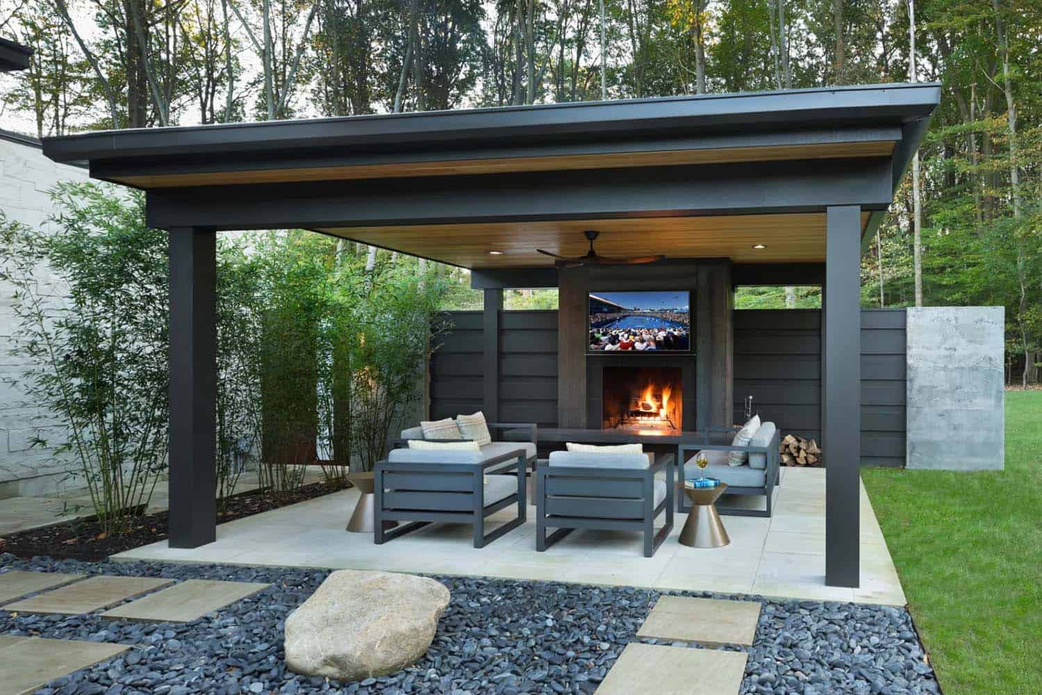 modern-patio-pavilion-with-a-fireplace-and-tv