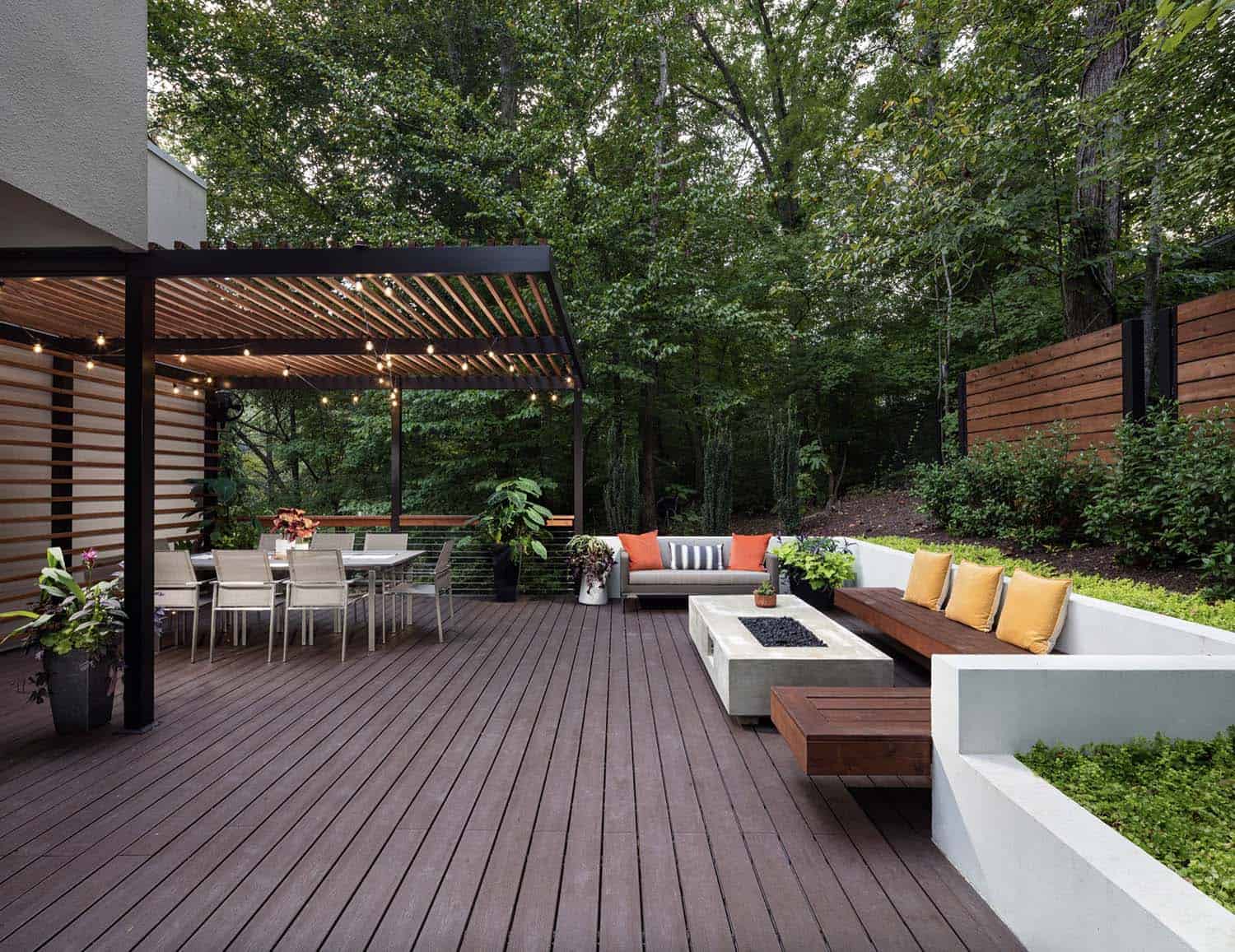 contemporary-backyard-deck-with-a-fire-pit-and-pergola-covered-dining-area