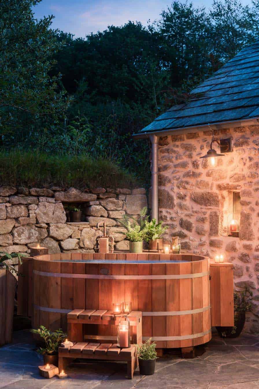 stone-cottage-courtyard-hot-tub-at-dusk