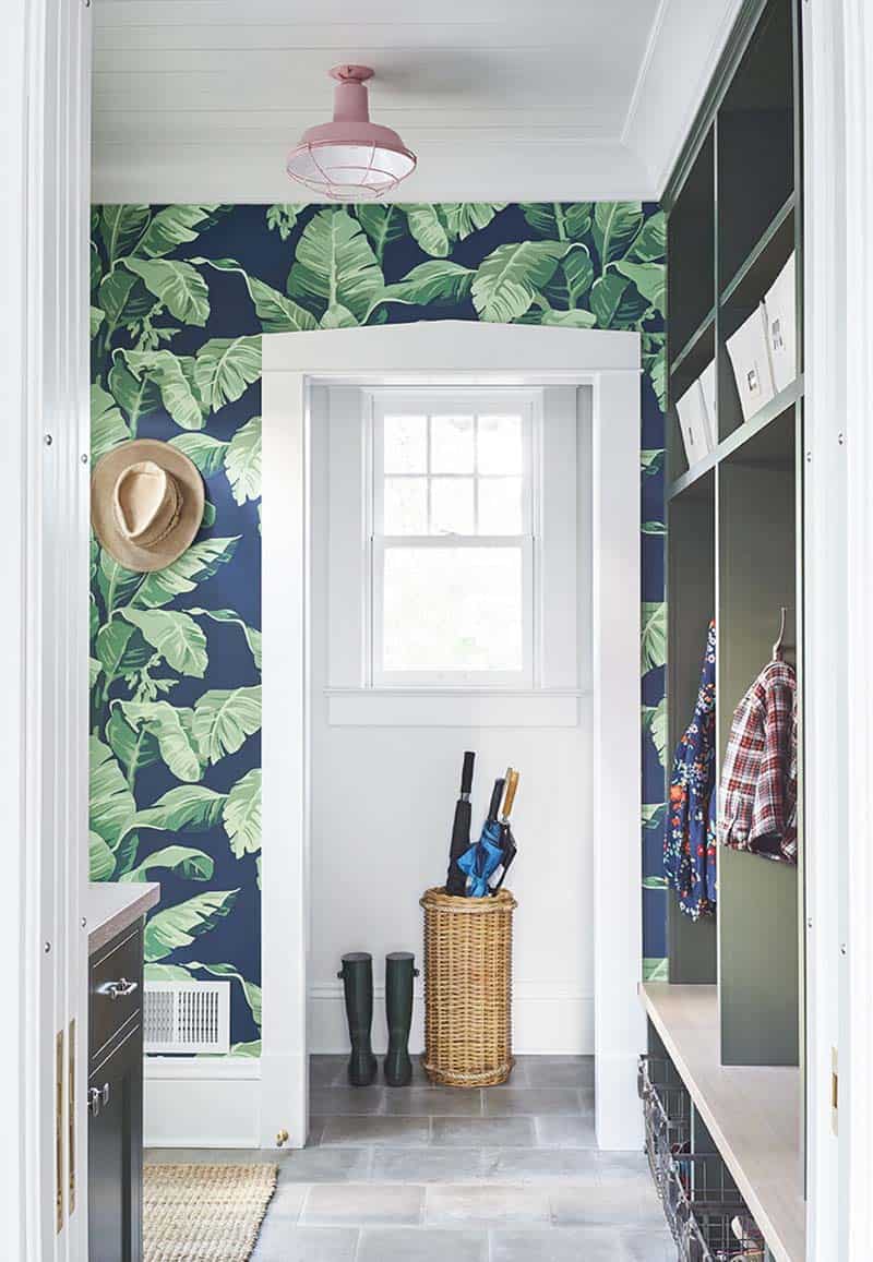 transitional-mudroom-entry-with-colorful-wallpaper