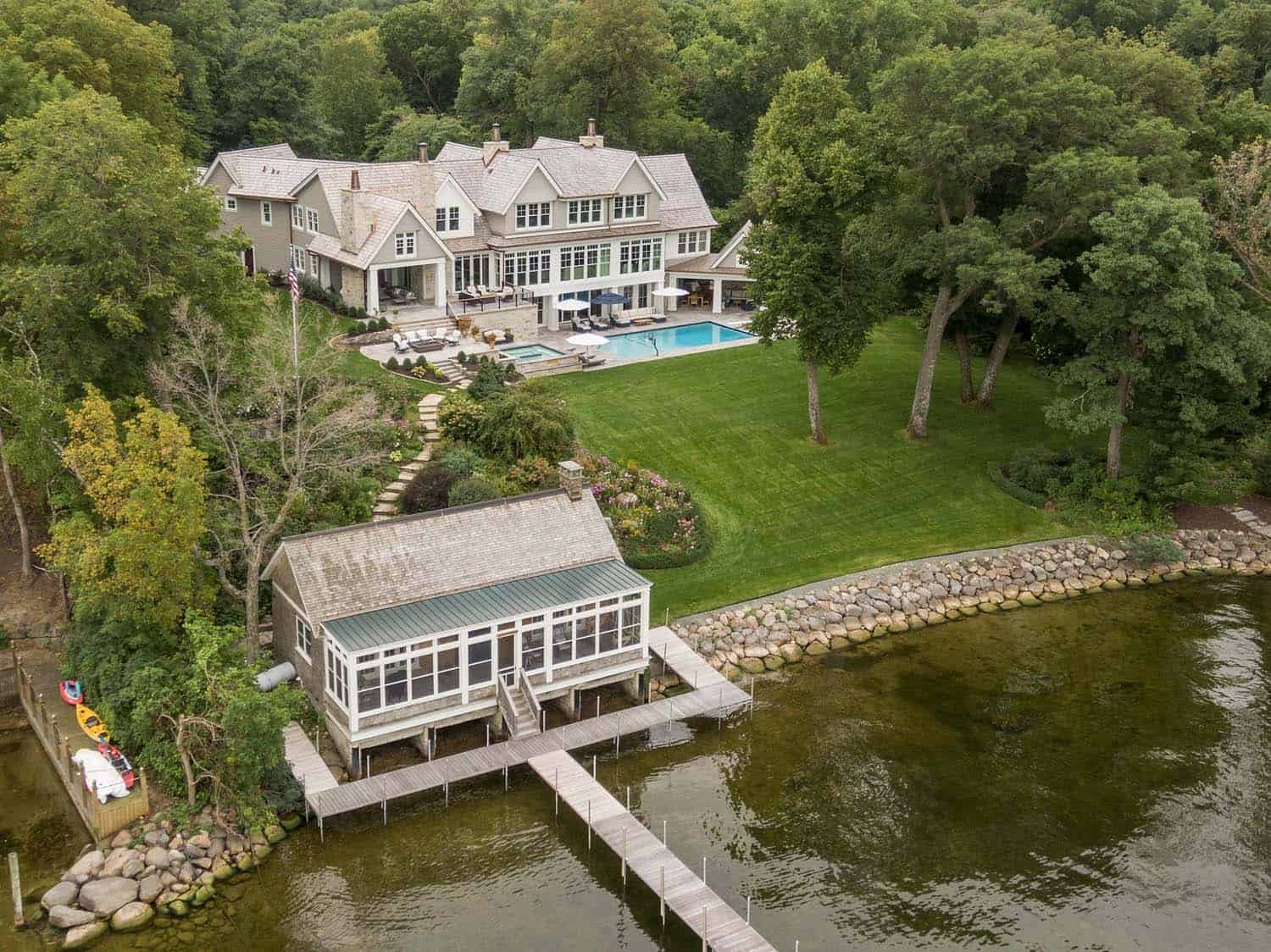 coastal-style-lake-house-exterior-aerial-view