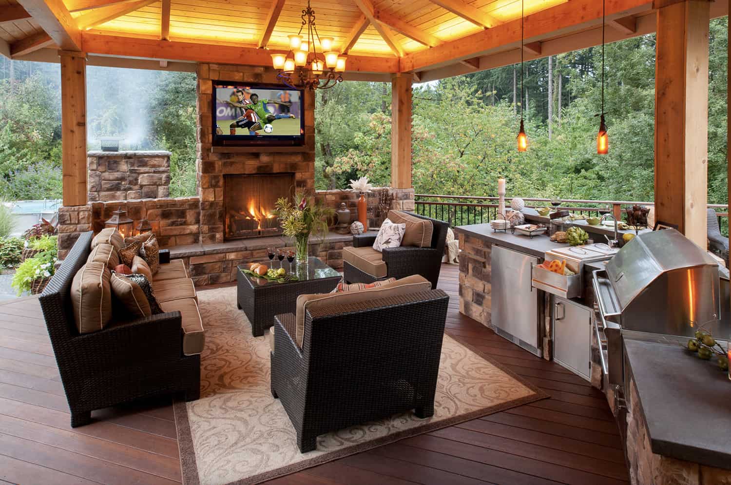 gazebo-outdoor-kitchen-and-living-room-with-a-fireplace-and-TV
