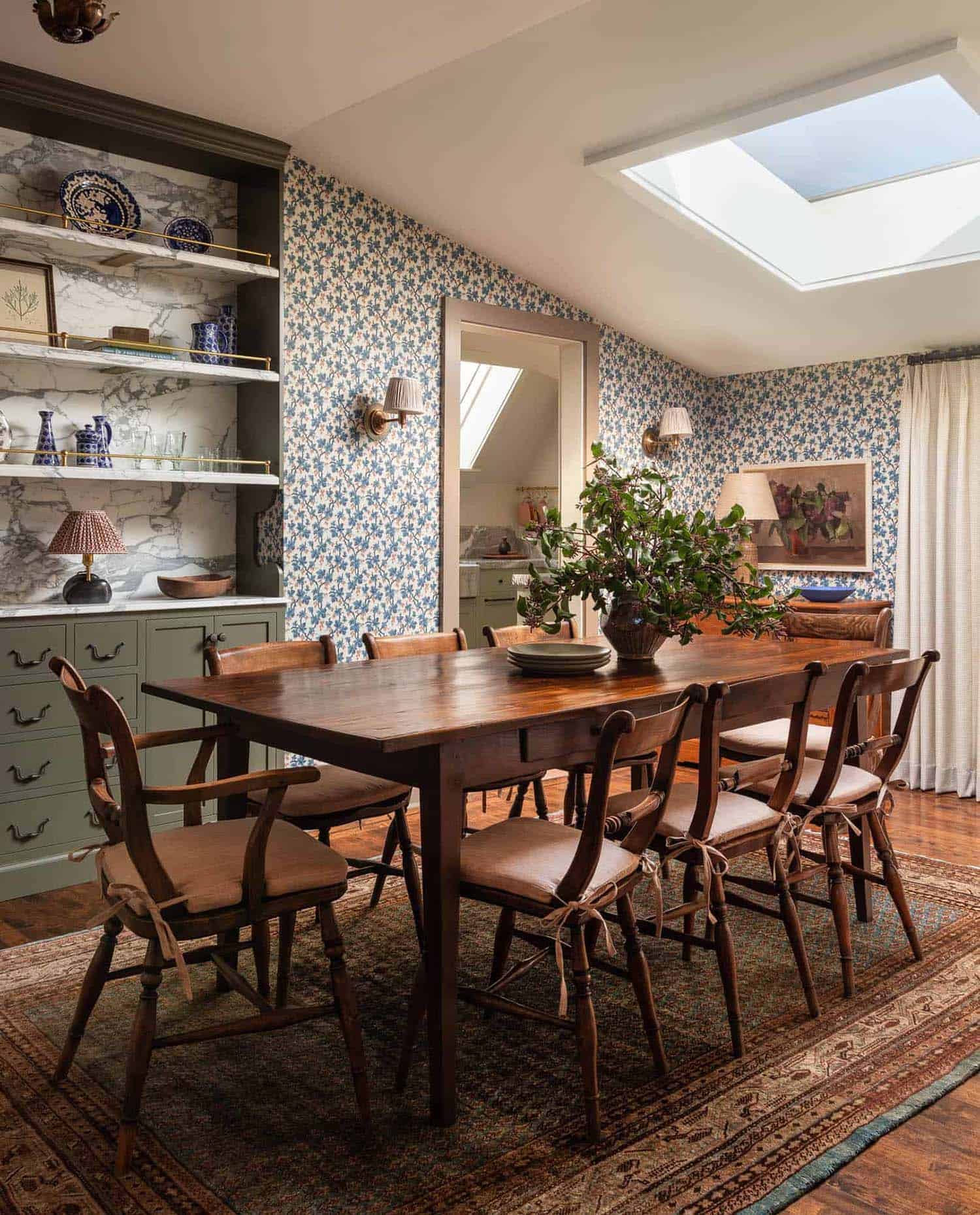 transitional-dining-room-with-a-skylight
