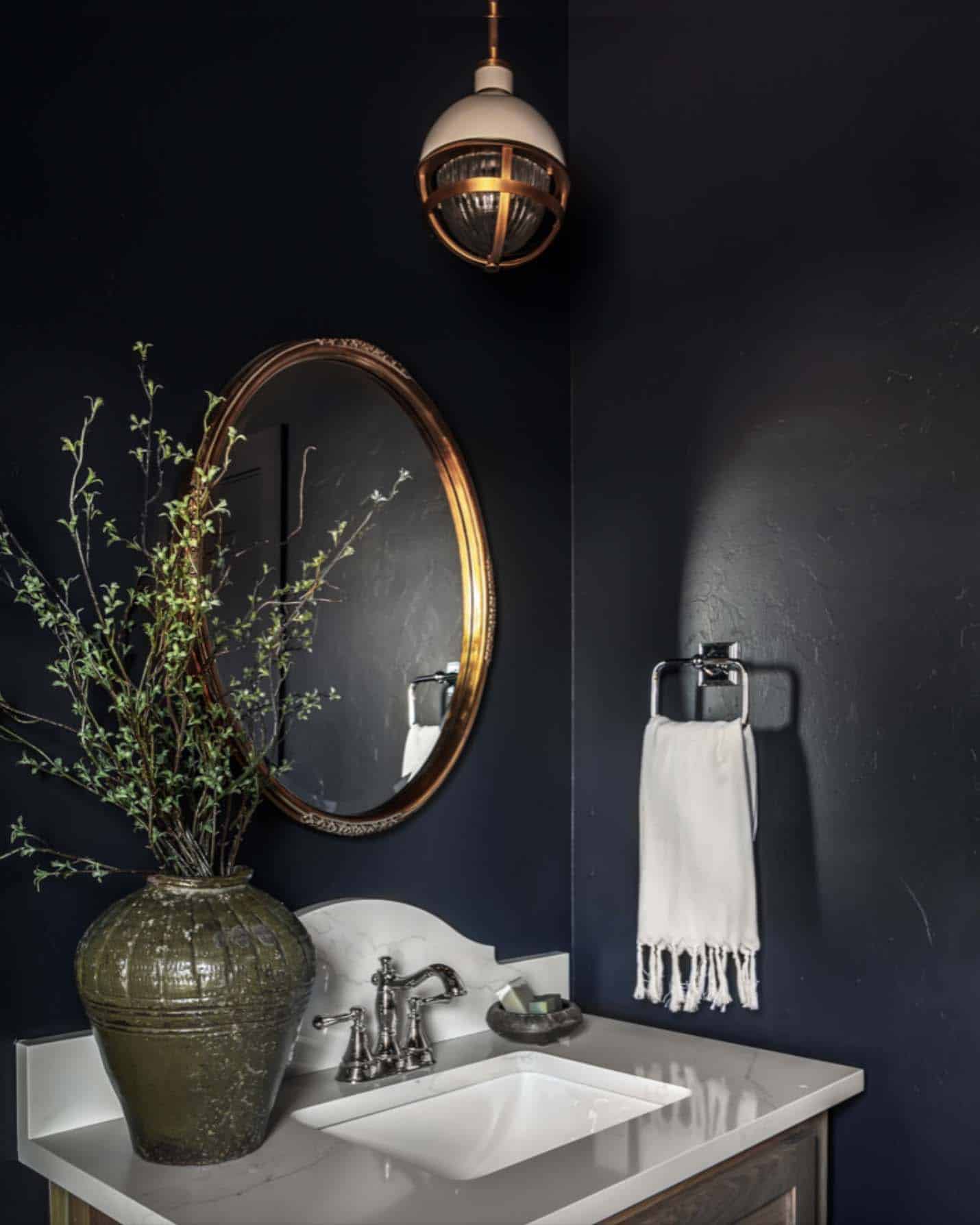 transitional-style-powder-room-with-dark-walls
