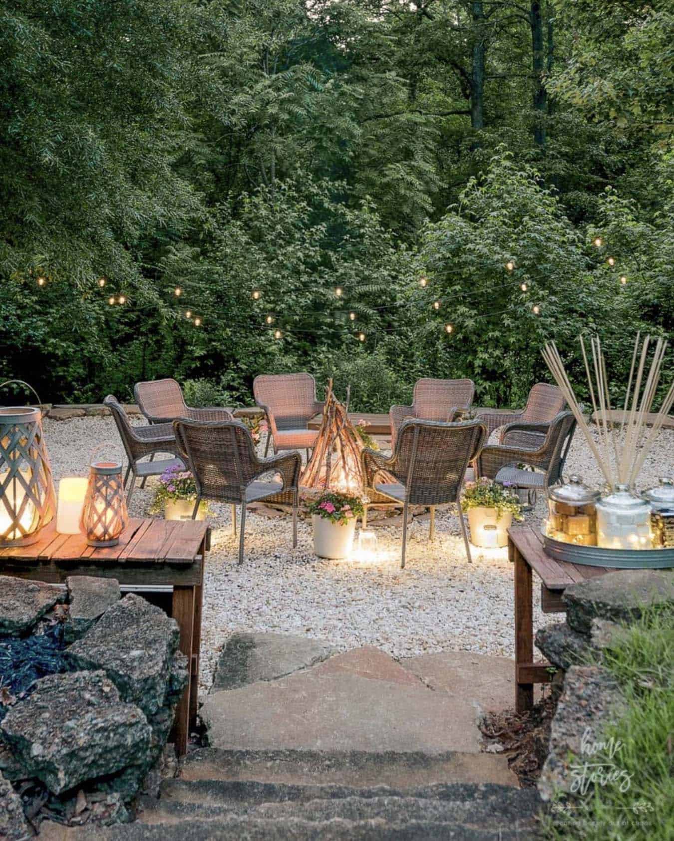 pea gravel fire pit with solar-powered string lights