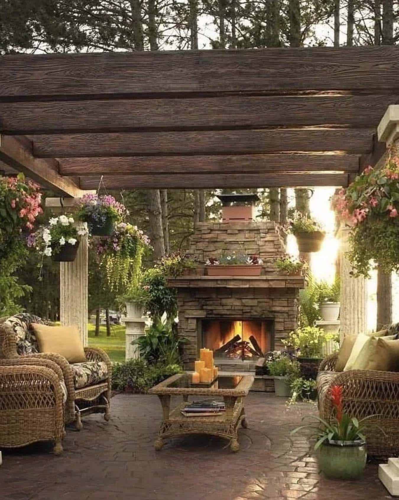 outdoor fireplace with a patio and pergola