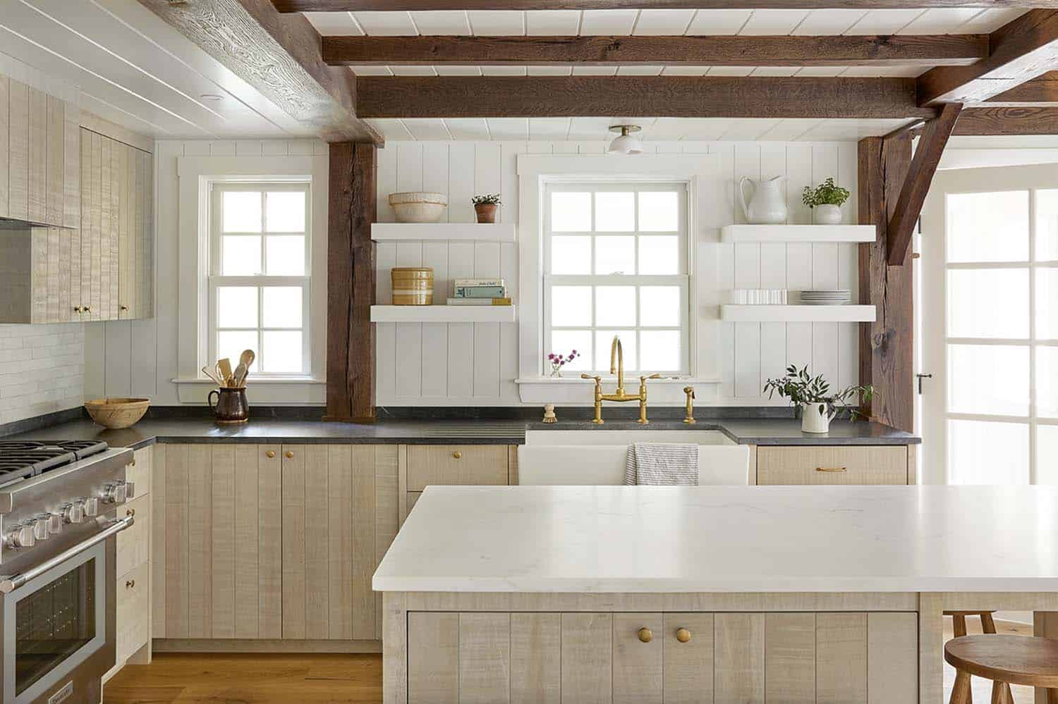 beach style kitchen with open shelves
