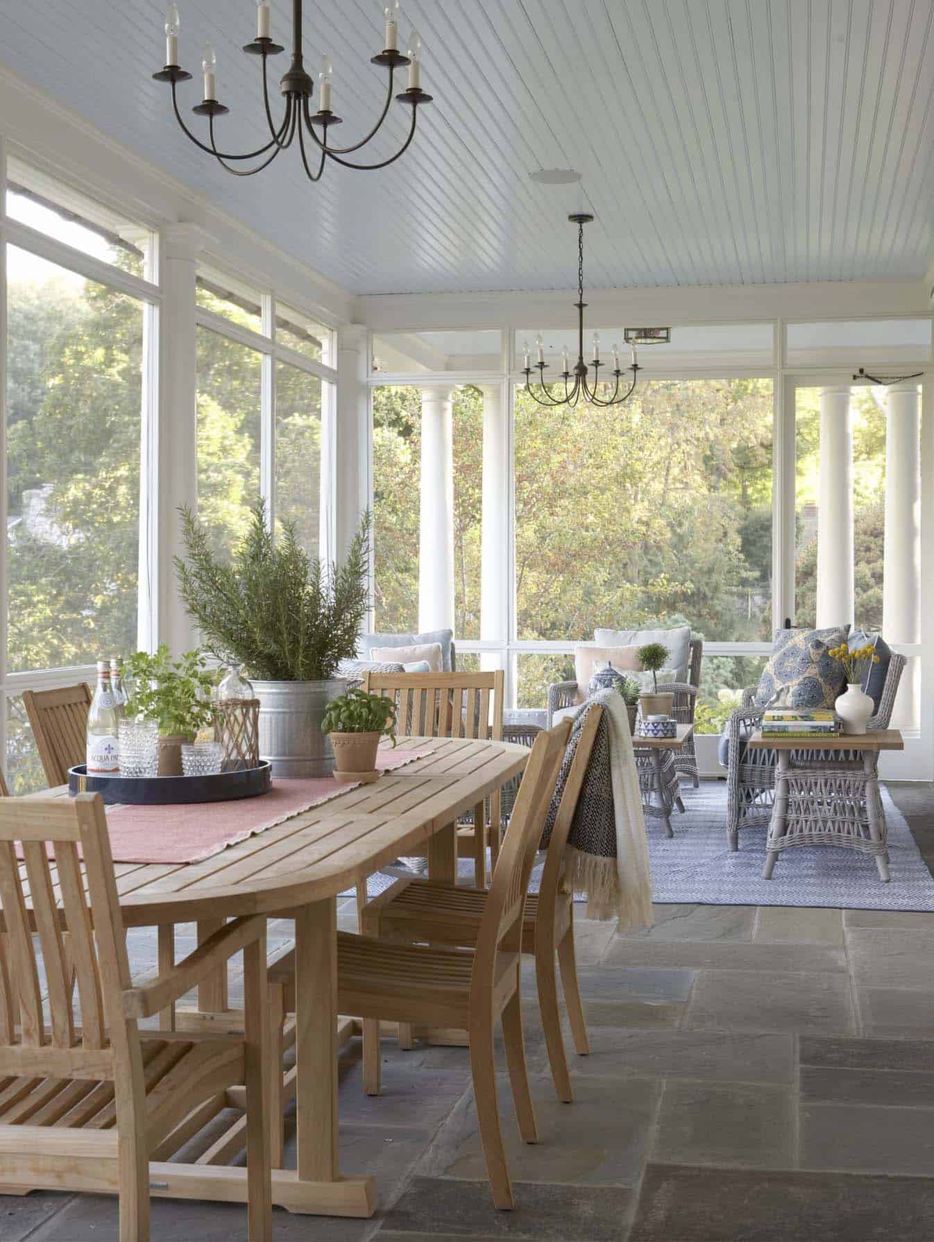 traditional style screened porch with a dining and sitting area