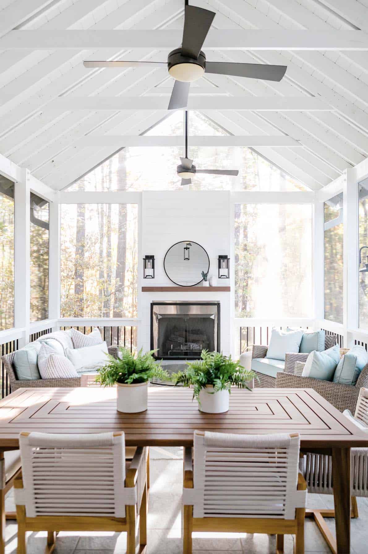 rustic screen porch with Scandinavian accents