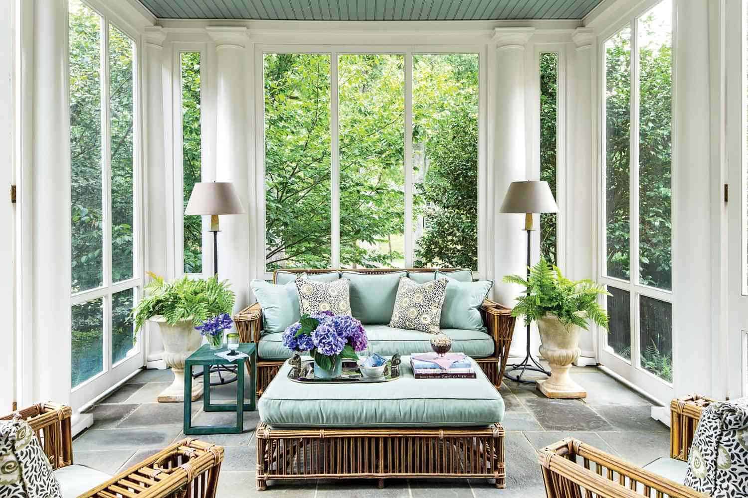 screened porch with rattan furniture