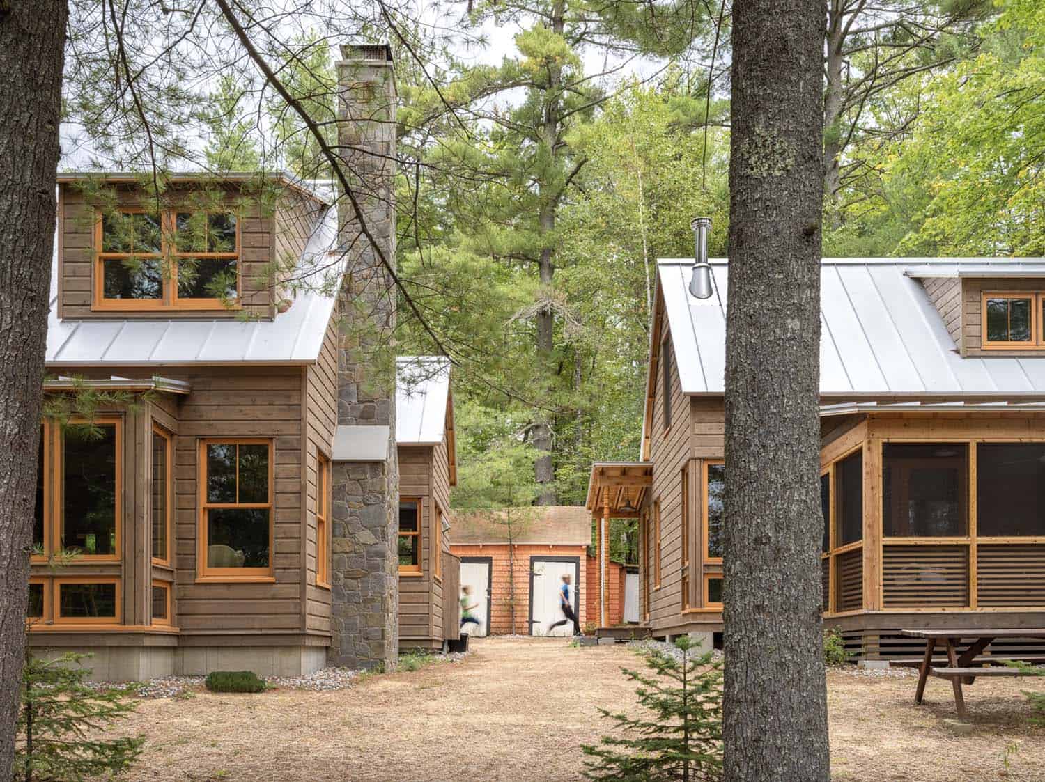 family cabin exterior in a forest
