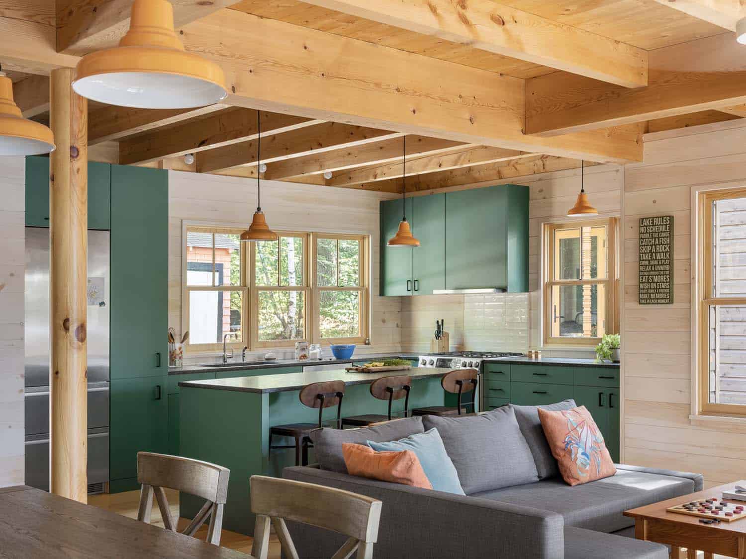 modern rustic cabin kitchen with green cabinets