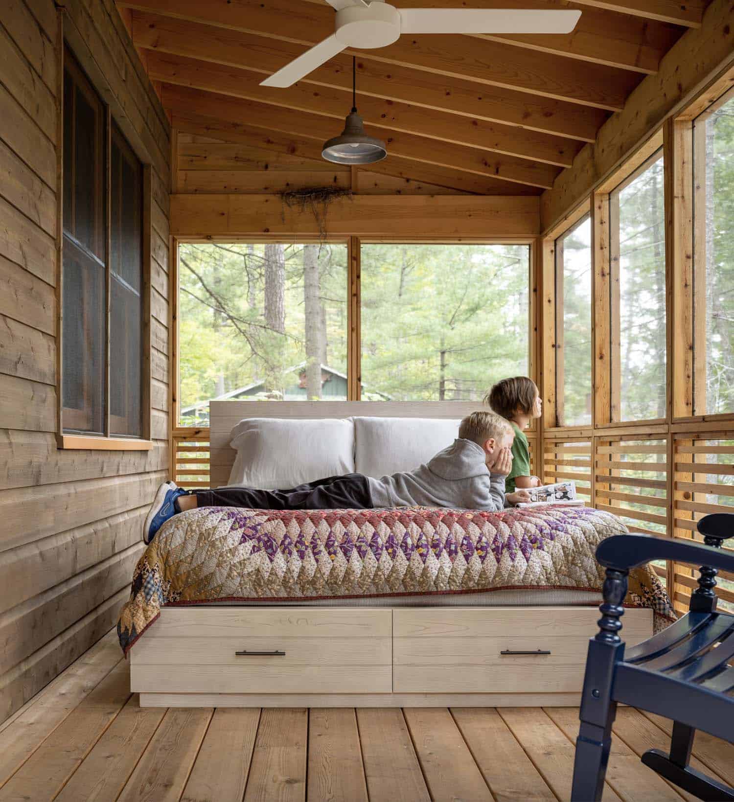 modern rustic cabin sleeping porch