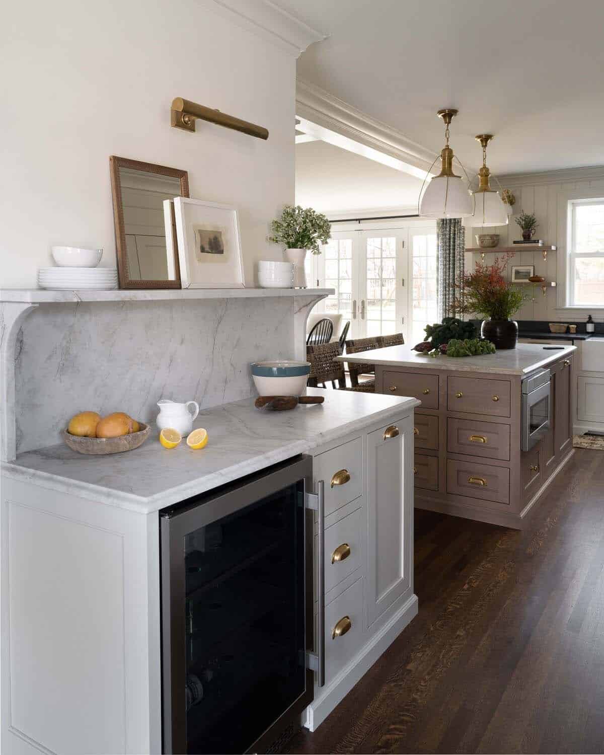 transitional kitchen with a home bar and beverage chiller
