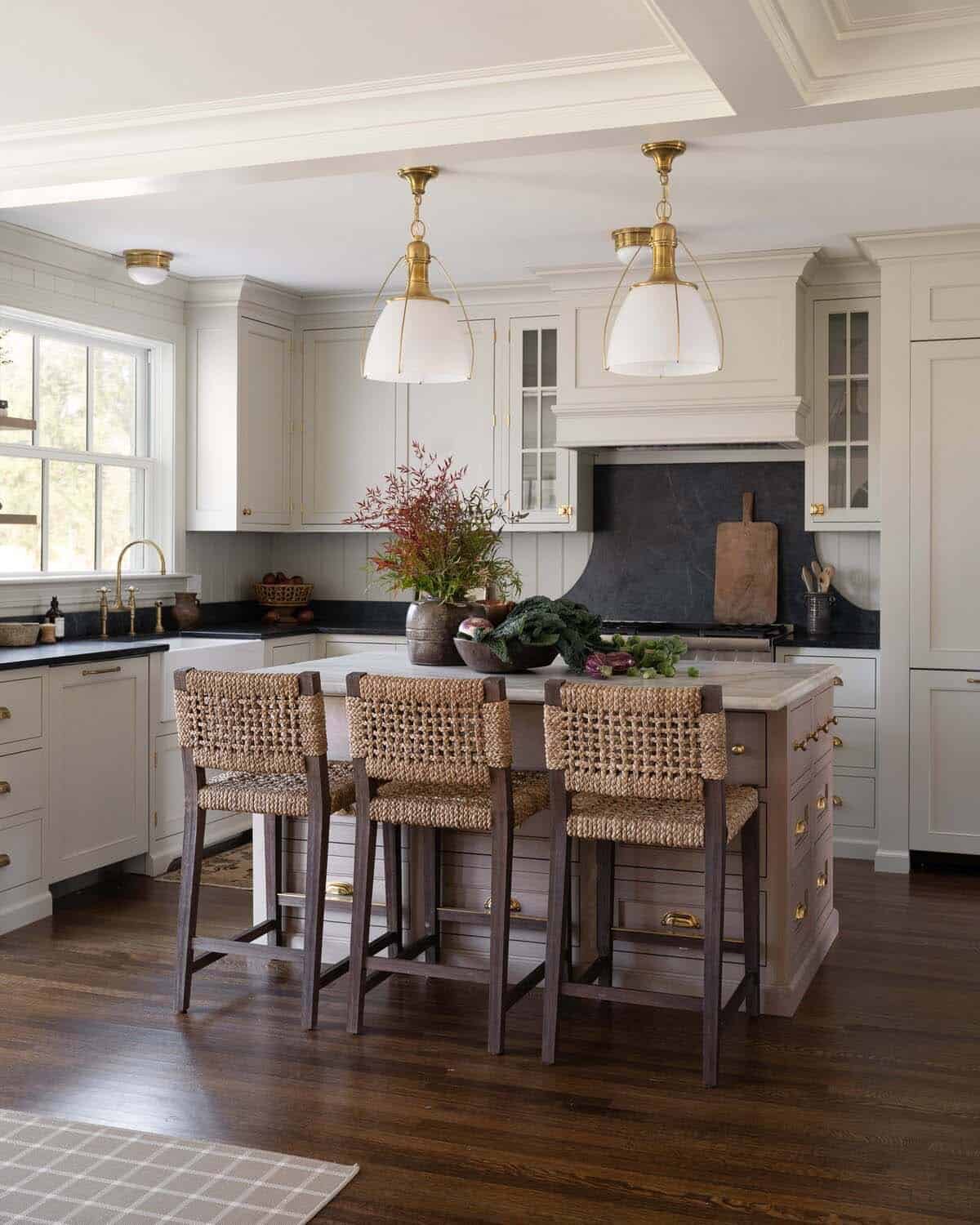 transitional kitchen with large pendant lights