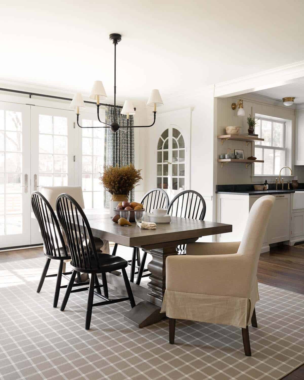 transitional dining room with French doors