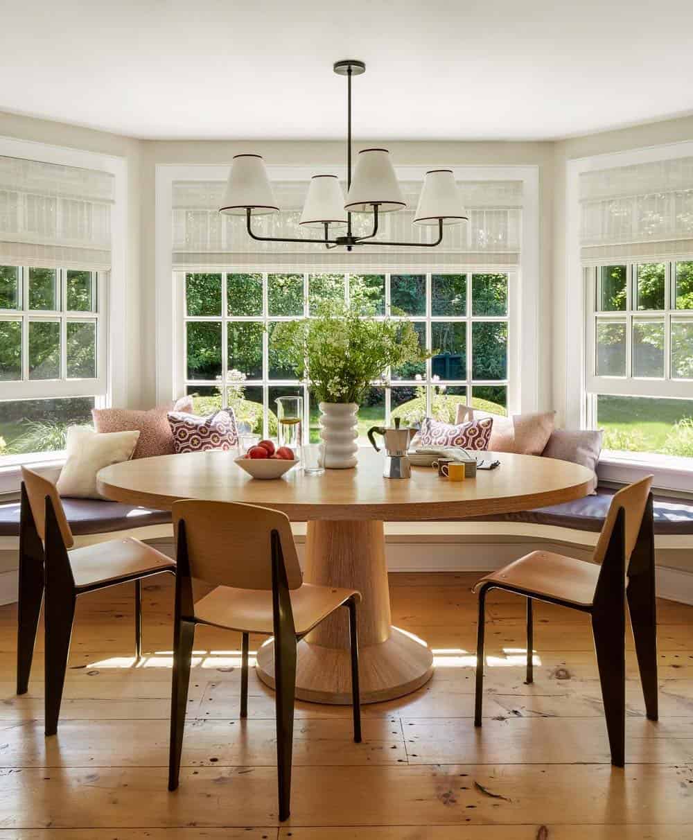 transitional style breakfast nook with a bay window