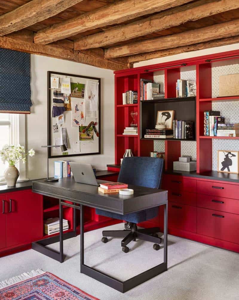 modern home office with rustic wood beams