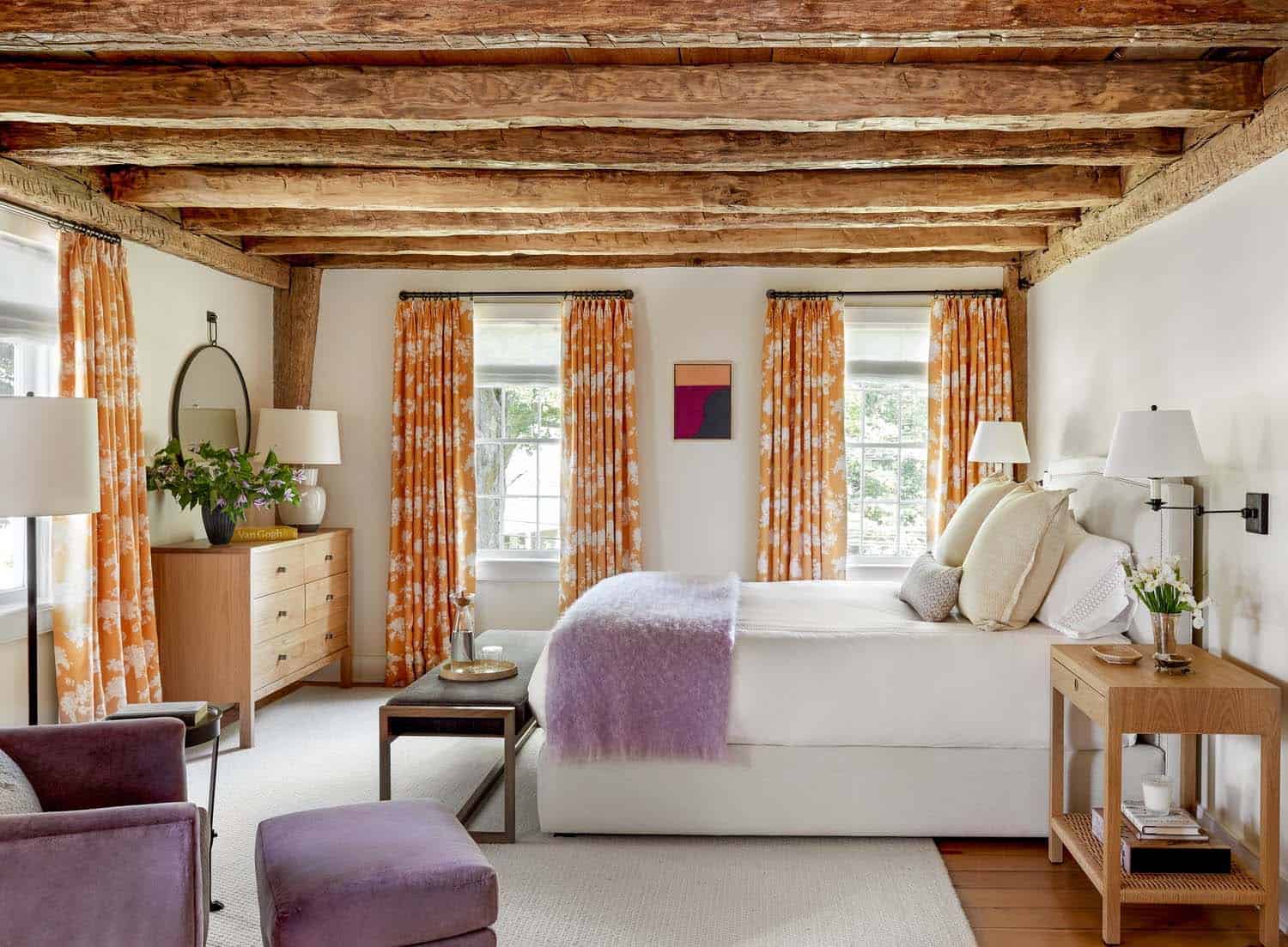 rustic modern bedroom with wood ceiling beams