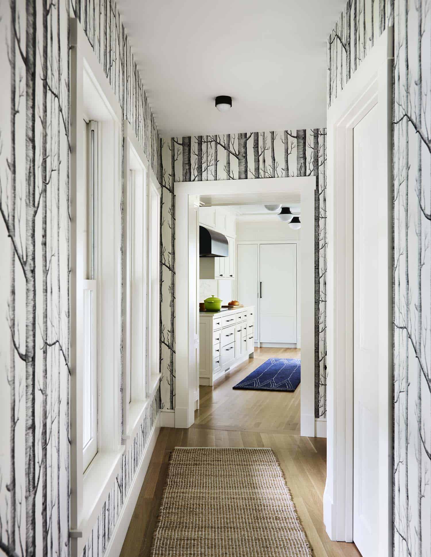 contemporary hallway with trees wallpaper